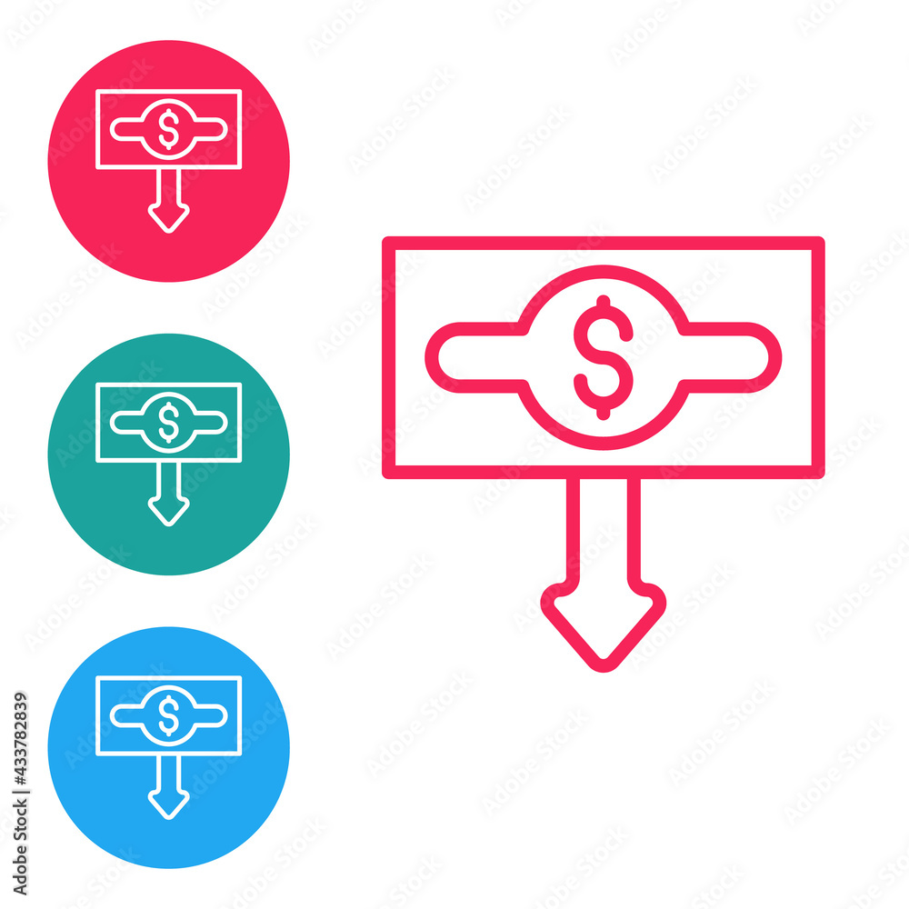 Red line Dollar rate decrease icon isolated on white background. Cost reduction. Money symbol with down arrow. Business lost crisis decrease. Set icons in circle buttons. Vector Red line Dollar rate decrease icon isolated on white background. Cost reduction. Money symbol with down arrow. Business lost crisis decrease. Set icons in circle buttons. Vector