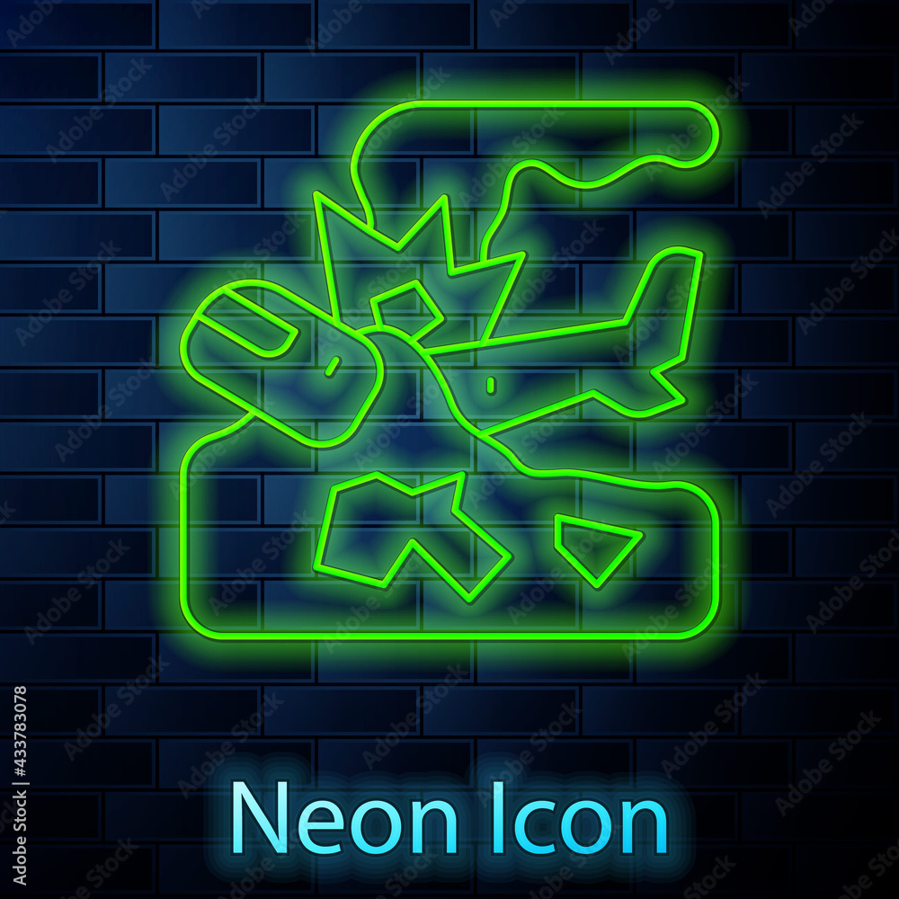 Glowing neon line Plane crash icon isolated on brick wall background. Vector Glowing neon line Plane crash icon isolated on brick wall background. Vector