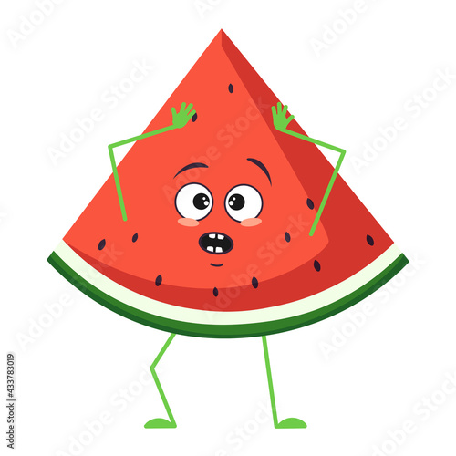 Cute watermelon character with emotions in a panic grabs his head, face, arms and legs. The funny or sad food hero, fruit or berry