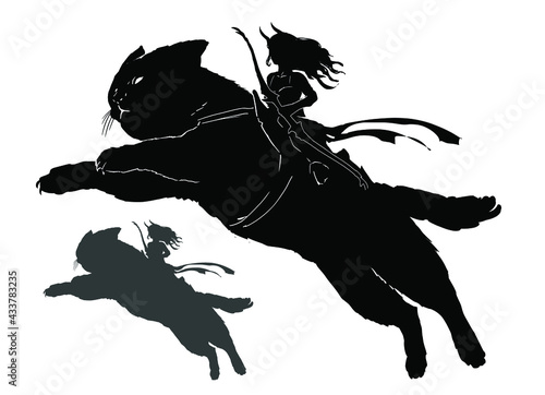 A black silhouette of a demon girl with horns, long hair, and a bow, she flies astride a huge fluffy cat. 2d illustration