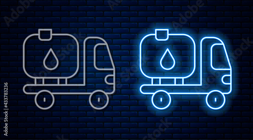 Glowing neon line Fuel tanker truck icon isolated on brick wall background. Gasoline tanker. Vector
