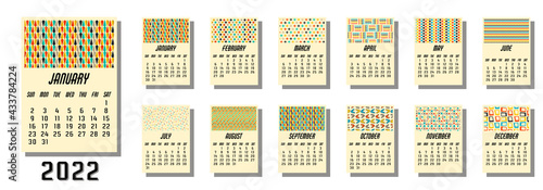 Mid century modern 2022 calendar set. Fifties retro design A4 template