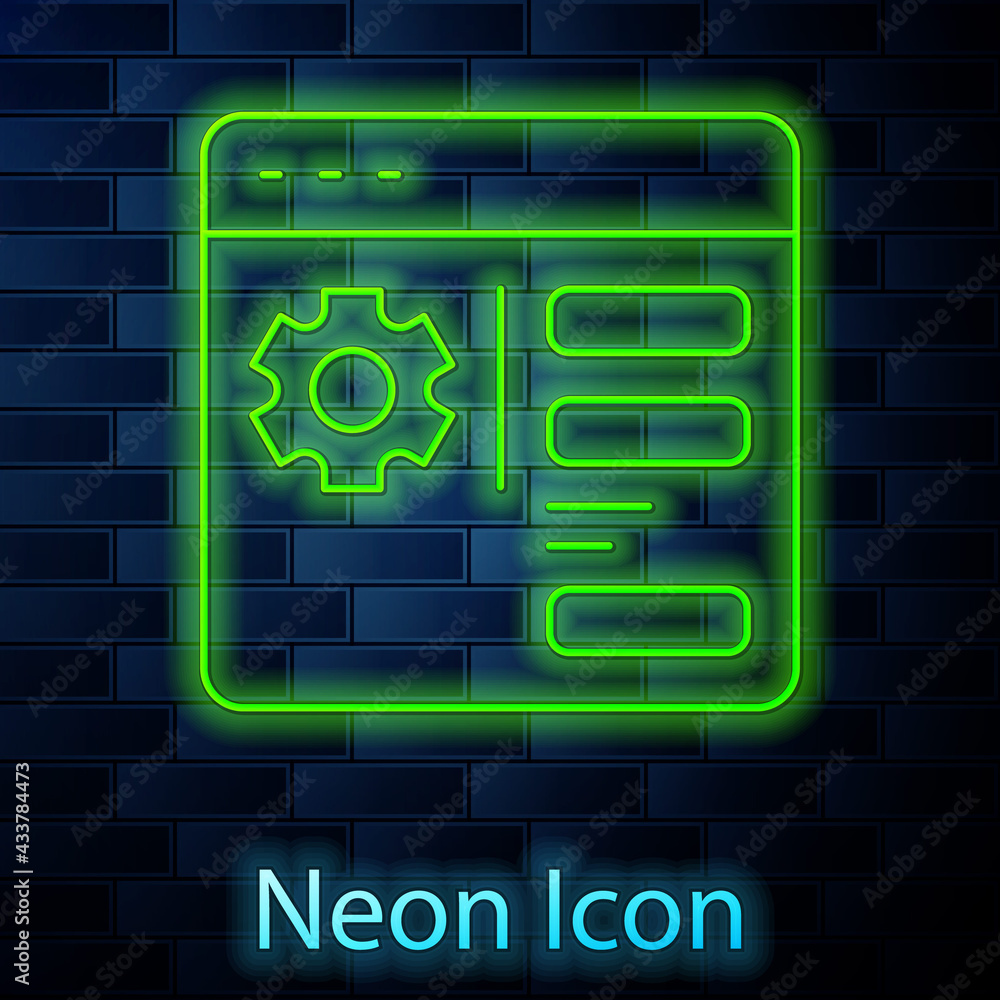 Glowing neon line Browser setting icon isolated on brick wall background. Adjusting, service, maintenance, repair, fixing. Vector Glowing neon line Browser setting icon isolated on brick wall background. Adjusting, service, maintenance, repair, fixing. Vector