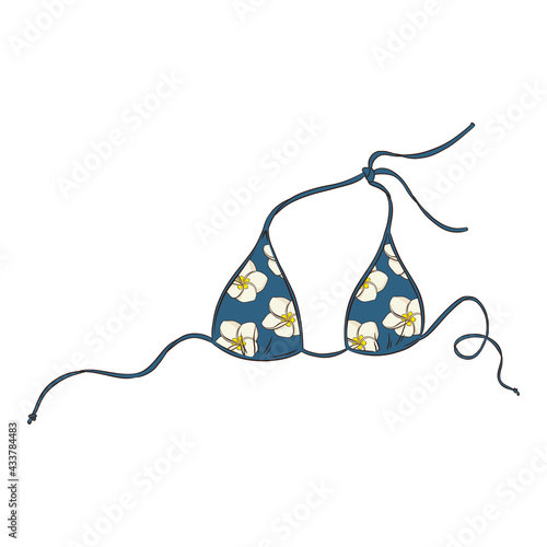 Hand Drawn Blue Bikini Top with Plumeria Flower Pattern. Line drawing colourful swimwear isolated vector illustration