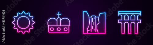 Set line Sun, Crown of spain, Algar waterfall and Aqueduct Segovia. Glowing neon icon. Vector