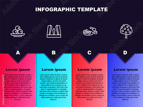 Set line Olives on plate, Gate of Europe, Churros and chocolate and Orange tree. Business infographic template. Vector