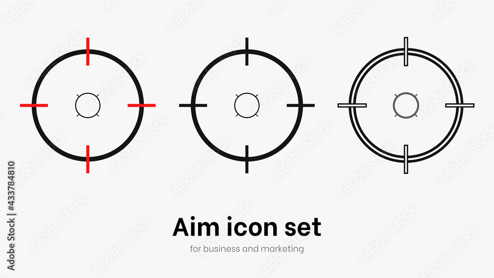 Naklejka premium Set of aim and target. Transparent isolated aim cion on white bacgrkound. Target icon for aiming to bullseye. Black vector illustration of crosshairs icon set in isolation. Vector round aim