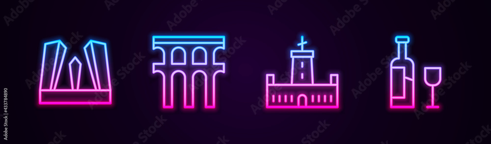 Set line Gate of Europe, Aqueduct Segovia, Montjuic castle and Wine bottle with glass. Glowing neon icon. Vector Set line Gate of Europe, Aqueduct Segovia, Montjuic castle and Wine bottle with glass. Glowing neon icon. Vector