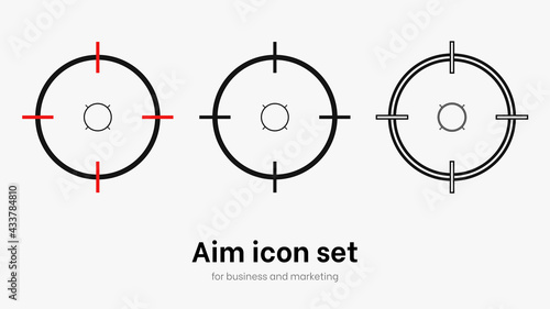 Set of aim and target. Transparent isolated aim cion on white bacgrkound. Target icon for aiming to bullseye. Black vector illustration of crosshairs icon set in isolation. Vector round aim