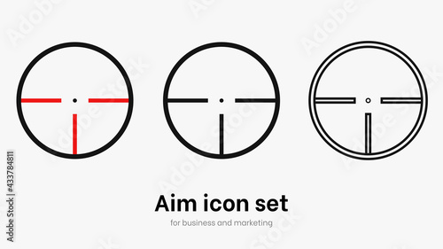 Set of aim and target. Transparent isolated aim cion on white bacgrkound. Target icon for aiming to bullseye. Black vector illustration of crosshairs icon set in isolation. Vector round aim