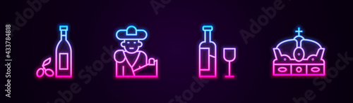 Set line Bottle of olive oil, Bullfight, matador, Wine bottle with glass and Crown spain. Glowing neon icon. Vector