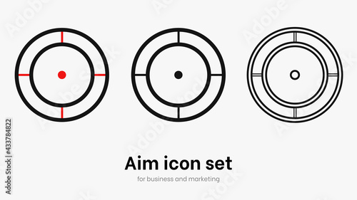 Set of aim and target. Transparent isolated aim cion on white bacgrkound. Target icon for aiming to bullseye. Black vector illustration of crosshairs icon set in isolation. Vector round aim