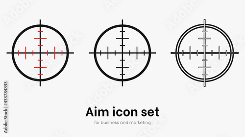 Set of aim and target. Transparent isolated aim cion on white bacgrkound. Target icon for aiming to bullseye. Black vector illustration of crosshairs icon set in isolation. Vector round aim