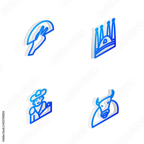 Set Isometric line Sagrada Familia, Fan flamenco, Bullfight, matador and icon. Vector