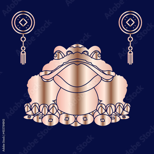 Money frog. Feng shui postcard. The three-legged toad is a symbol of Chinese culture. Gold silhouette on a blue background.