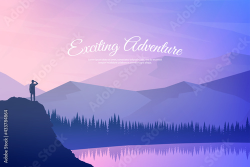 Vector illustration. Travel concept of discovering, exploring and observing nature. Hiking. Adventure tourism. Man looking at view. Lake, forest, hills. Website template. Natural colorful wallpaper.