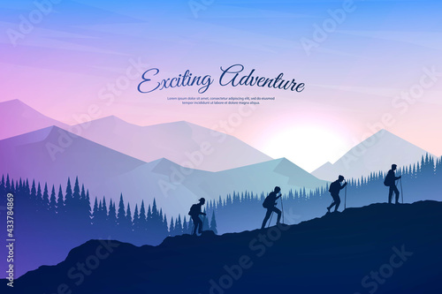 Vector illustration. Travel concept of discovering, exploring and observing nature. Hiking. Adventure tourism. Friends walking with backpack and travel sticks. Website template. Natural wallpaper