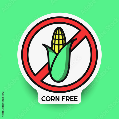 Corn free vector isolated sticker. Corn free emblem for allergen and allergy. Concept of logo in flat style with outline and shadow. Allergy stimulus vector for banner design. Substitute icon