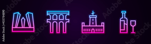Set line Gate of Europe, Aqueduct Segovia, Montjuic castle and Wine bottle with glass. Glowing neon icon. Vector
