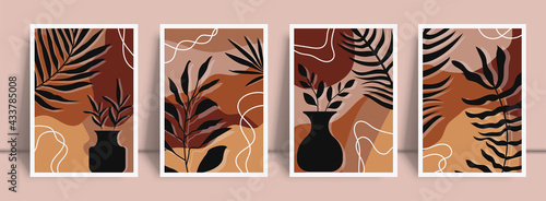 Botanical wall art abstract vector set. Foliage line drawing. Neutral boho art print. Minimal mid century wall art print for bedroom decor. Gallery decor poster, terracota watercolor. Vector poster