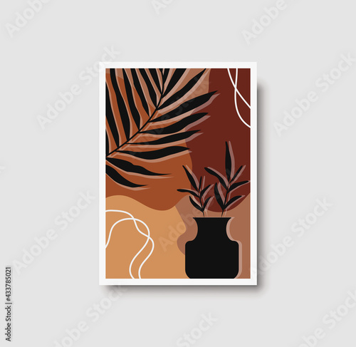 Botanical wall art abstract vector. Foliage line drawing. Neutral boho art print. Minimal mid century wall art print for bedroom decor. Gallery decor poster, terracota watercolor. Vector illustration