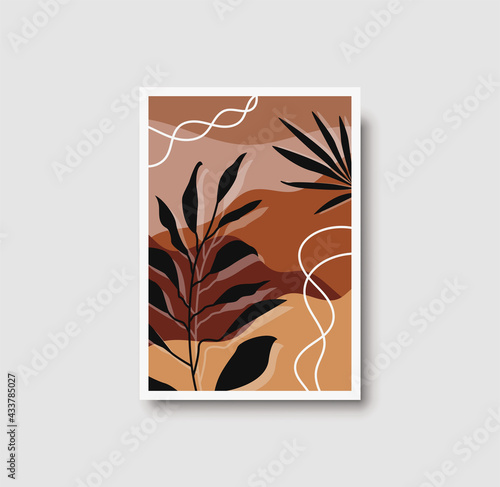 Botanical wall art abstract vector. Foliage line drawing. Neutral boho art print. Minimal mid century wall art print for bedroom decor. Gallery decor poster, terracota watercolor. Vector illustration