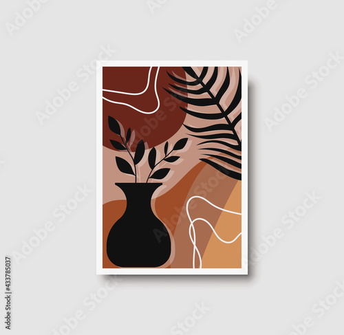 Botanical wall art abstract vector. Foliage line drawing. Neutral boho art print. Minimal mid century wall art print for bedroom decor. Gallery decor poster, terracota watercolor. Vector illustration