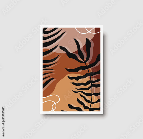 Botanical wall art abstract vector. Foliage line drawing. Neutral boho art print. Minimal mid century wall art print for bedroom decor. Gallery decor poster, terracota watercolor. Vector illustration