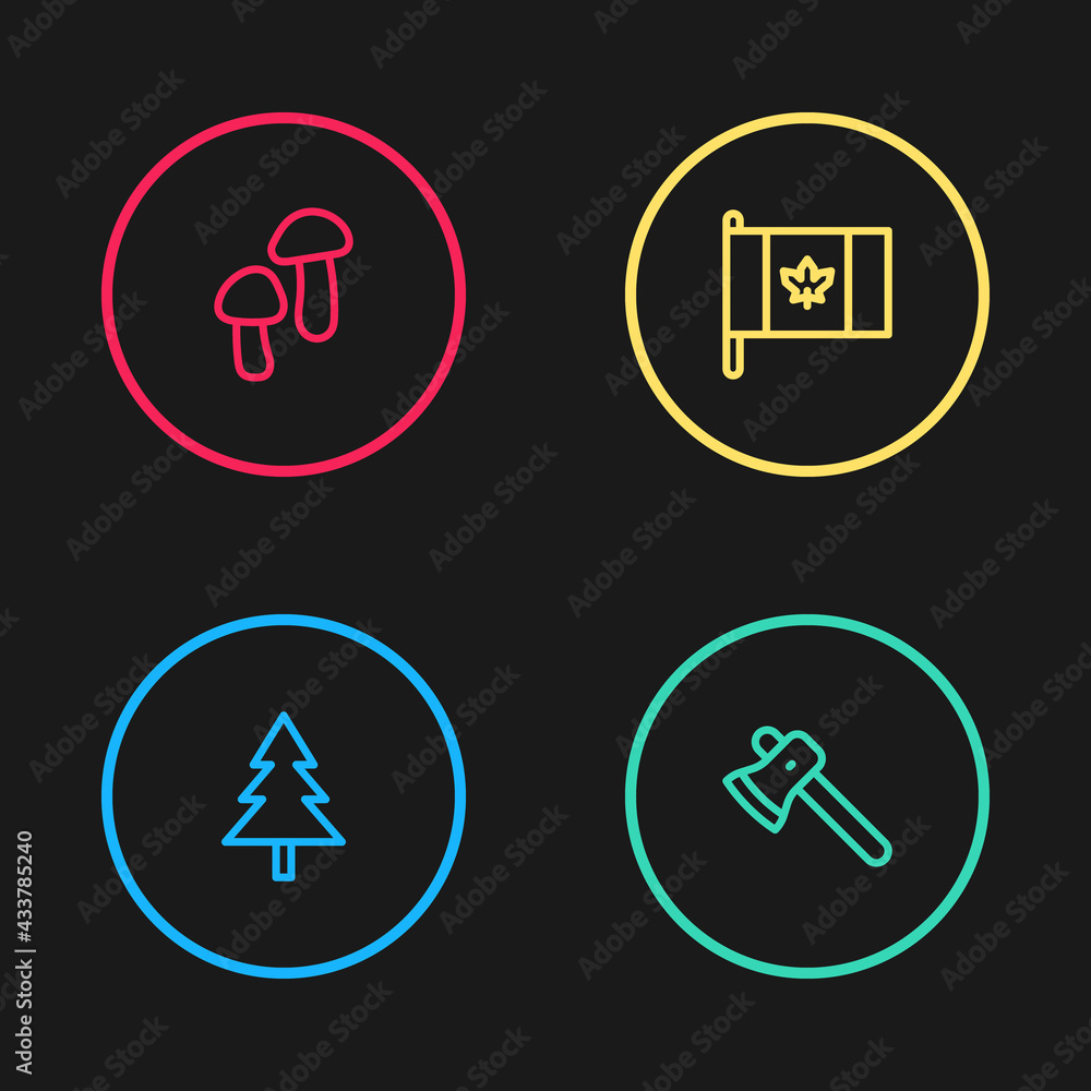 Set line Christmas tree, Wooden axe, Flag of Canada and Mushroom icon. Vector Set line Christmas tree, Wooden axe, Flag of Canada and Mushroom icon. Vector