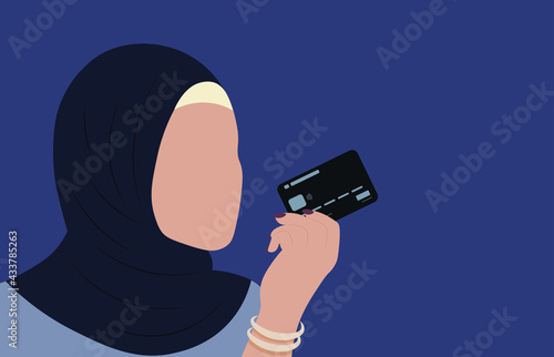 Arabic woman in hijab holding credit card, electronic wireless wallet money, business poster woman in abaya from UAE or Saudi Arabia vector illustration  