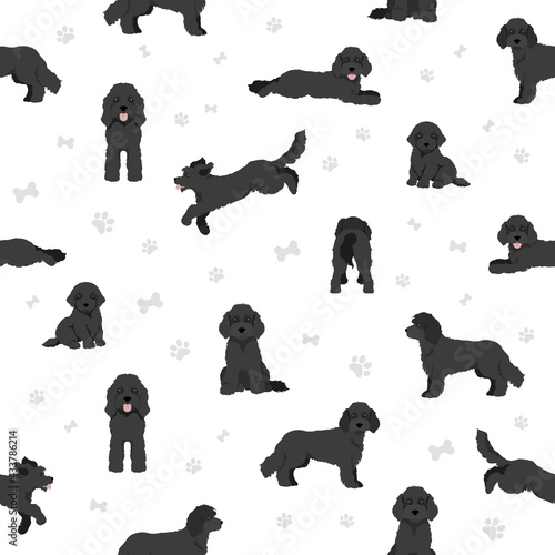 Cockapoo mix breed seamless pattern. Different poses, coat colors set.t poses, coat colors set.