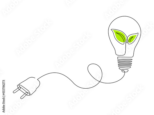 Plant inside Lightbulb with power plug in one line drawing. Creative concept of Eco energy and environmental friendly sources. Vector illustration