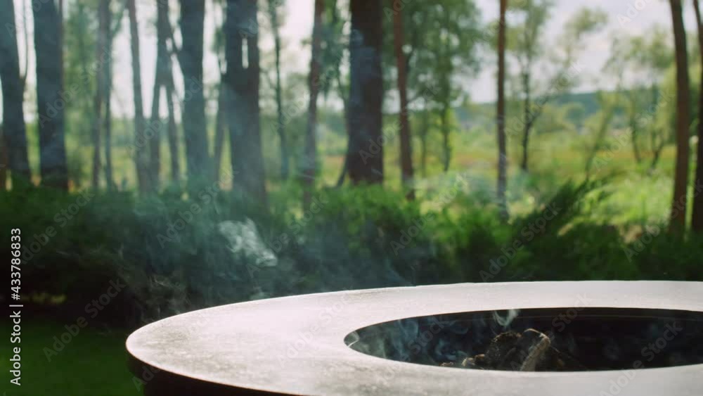 Empty grill outdoors. Side view on smoke coming from firewood smolders in grill Empty grill outdoors. Side view on smoke coming from firewood smolders in grill