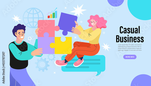 Casual business and teamwork concept. A man and woman collaborate to solve a puzzle, symbolizing a creative solution. This illustrates a modern approach to project planning and strategy.