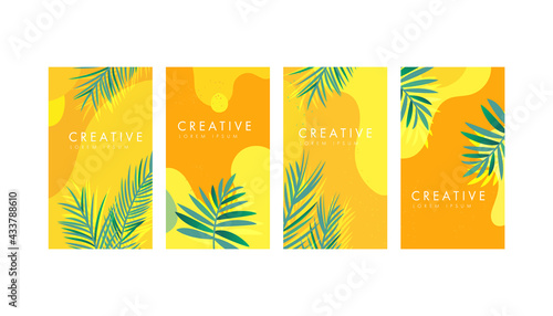 Social media stories design templates with fluid wave shape, fresh palm leaves. Summer banner.