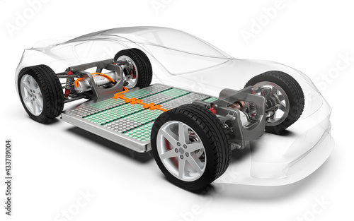 Elektroauto, Elektrofahrzeug mit Akkuantrieb, transparent dargestellter PKW, 3D Rendering