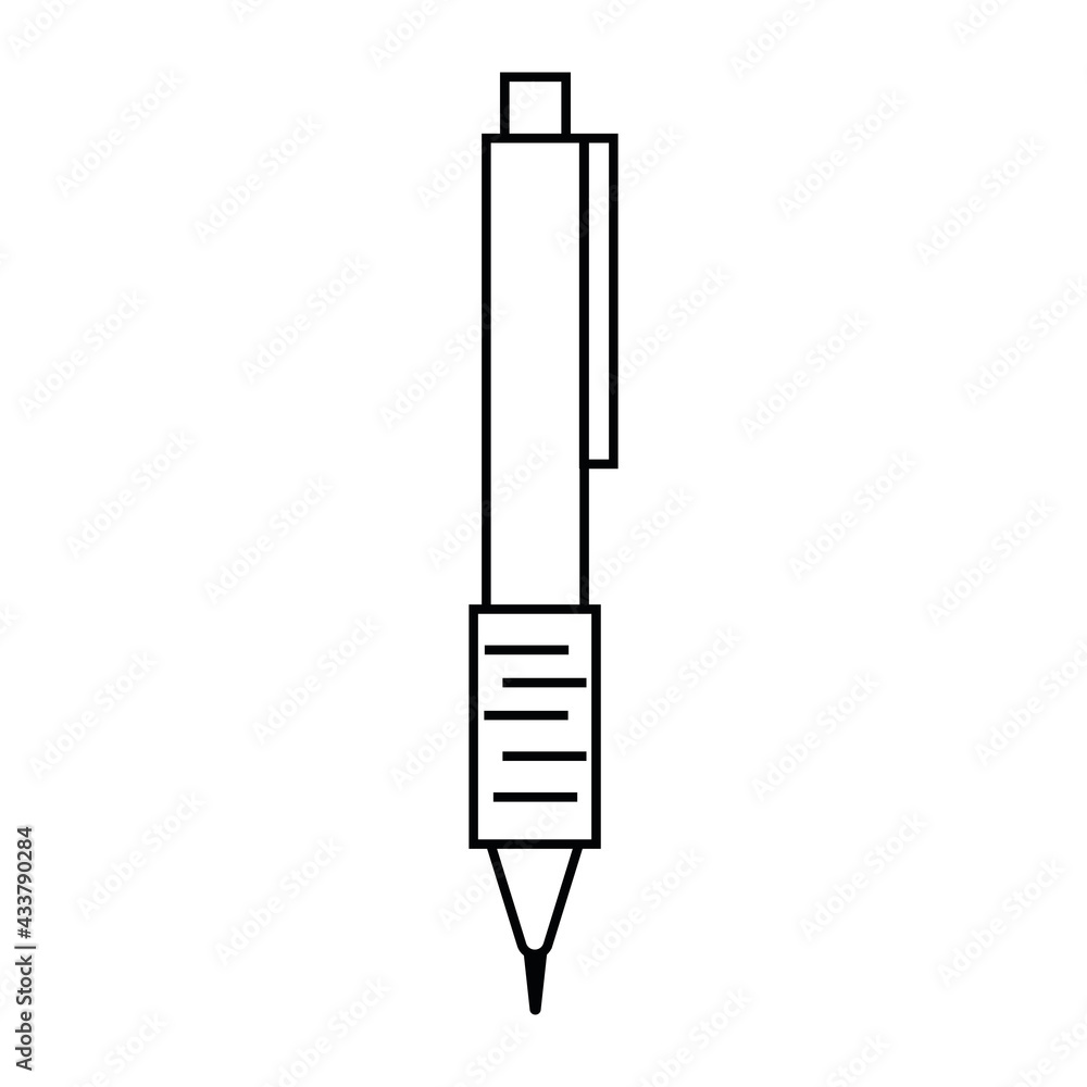 Writing pen, office stationery, black outline, isolated vector in flat style