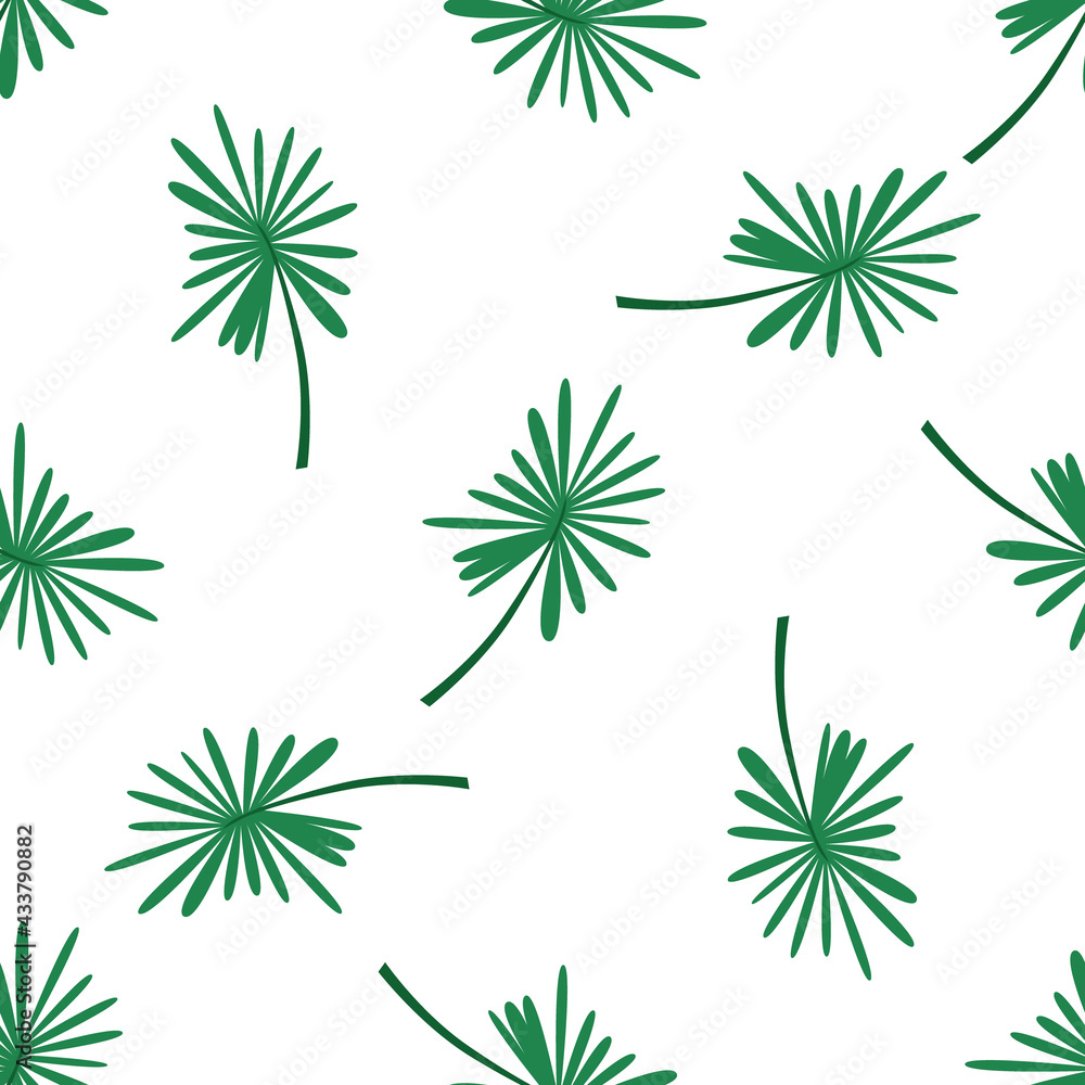 Seamless pattern of green leaves. Vector elements on a white background in a flat style. Illustration is used for fabric, book, poster, postcard, cover, web pages.
