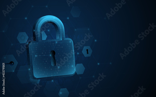 Digital padlock with data protection privacy concept. Abstract cybersecurity network high-tech digital technology background