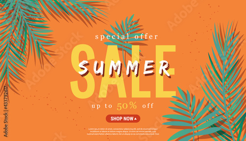 Season summer sale theme banner with green tropical palm on bright shaped backgrounds photo