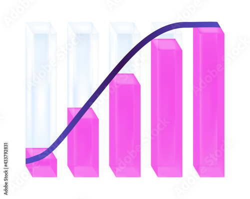 Vector graphical statistical illustration of a graph or chart with an exponential function isolated on white background. Columns with pink or purple liquid and violet curve characterizing the growth. photo