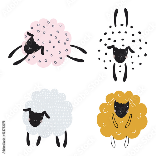 Set with cute sheep on a white background. Vector illustration for printing on fabric, packaging paper, postcard, poster. Cute baby background