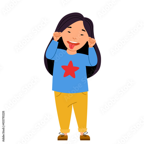 Asian girl made a face and showed her tongue Vector illustration in flat style