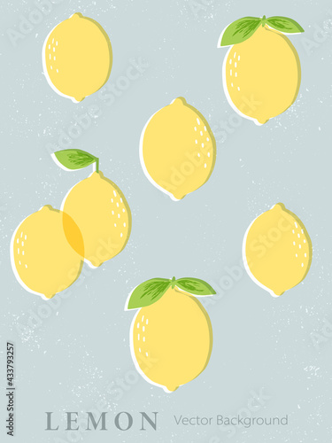Hand drawn lemon illustration on distressed light gray background. Background design template with lemons for poster, web banner, flyer, cover, package, greeting card.