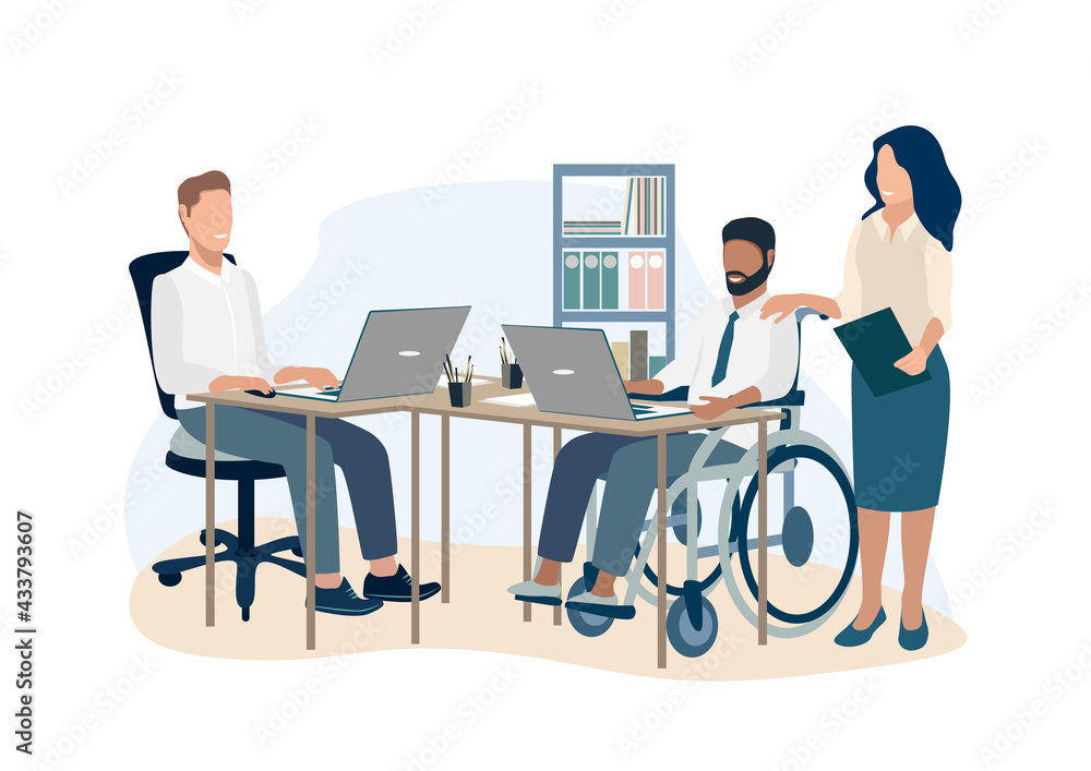 Disabled man in a wheelchair works at a laptop in the office. Rehabilitation and adaptation of people with disabilities vector illustration for card, flyer or poster. Disabled man in a wheelchair works at a laptop in the office. Rehabilitation and adaptation of people with disabilities vector illustration for card, flyer or poster.
