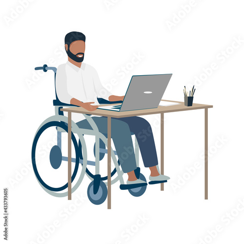 Disabled man in a wheelchair works at a laptop. Rehabilitation and adaptation of people with disabilities vector illustration for card, flyer or poster.