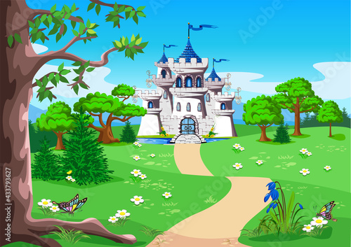Fairy tale landscape with a path leading to the castle for the beautiful princess and prince with towers and gates. Vector illustration of a magic castle in the forest.