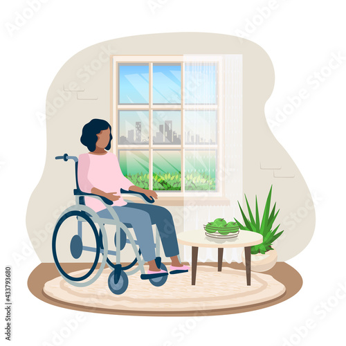 Disabled young girl in a wheelchair in her room looks out the window. Disability and psychology vector illustration.