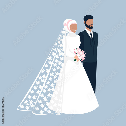 Happy muslim bride and groom get married. Flat vector illustration of lovers man and woman in wedding clothes. Together forever. Isolated over white background.