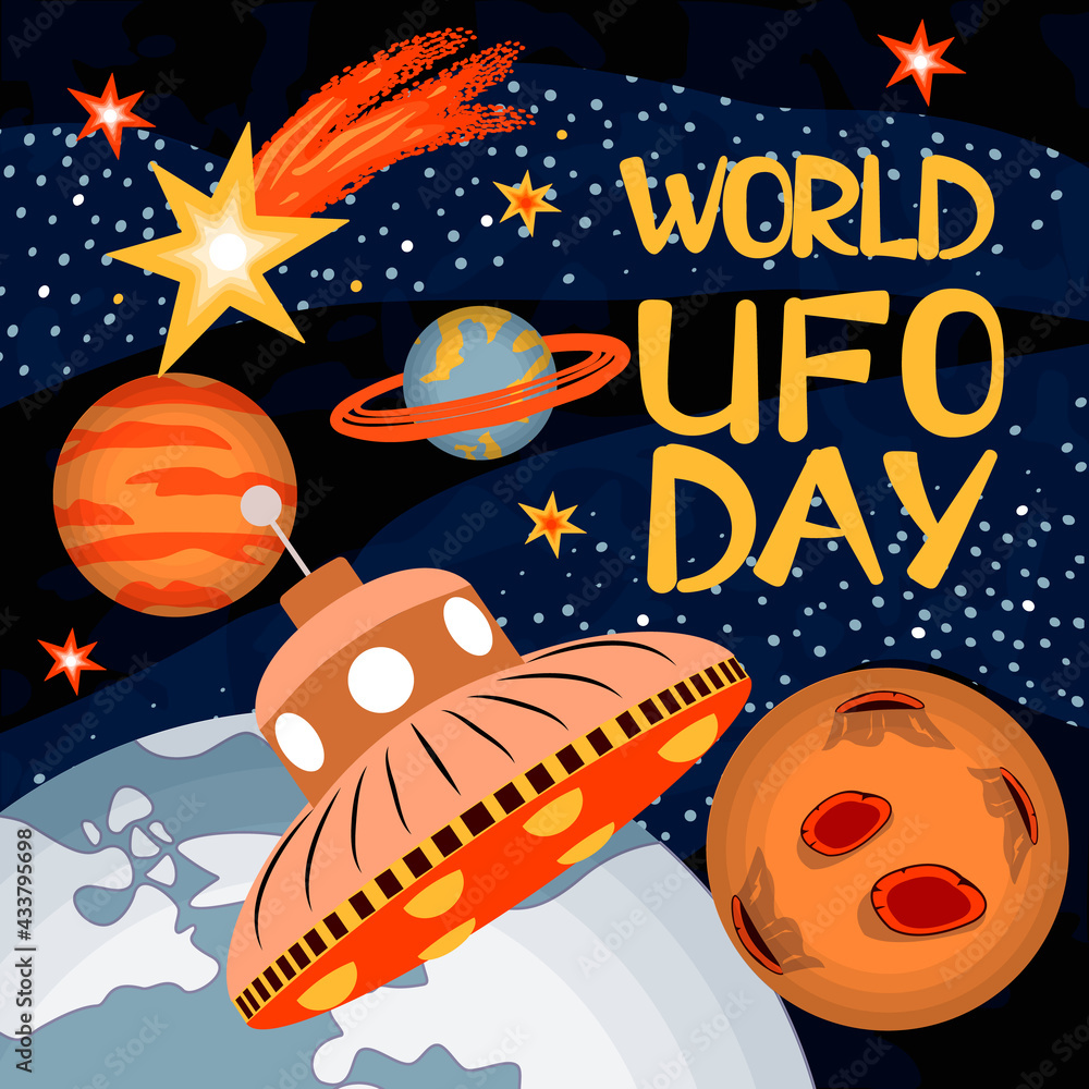 World UFO Day banner with planets, comets, flying saucer, stars.Flat ...